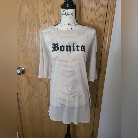 NWT Fashion Nova Bonita nude sheer mesh Graphic Tee Olde English - Picture 1 of 3